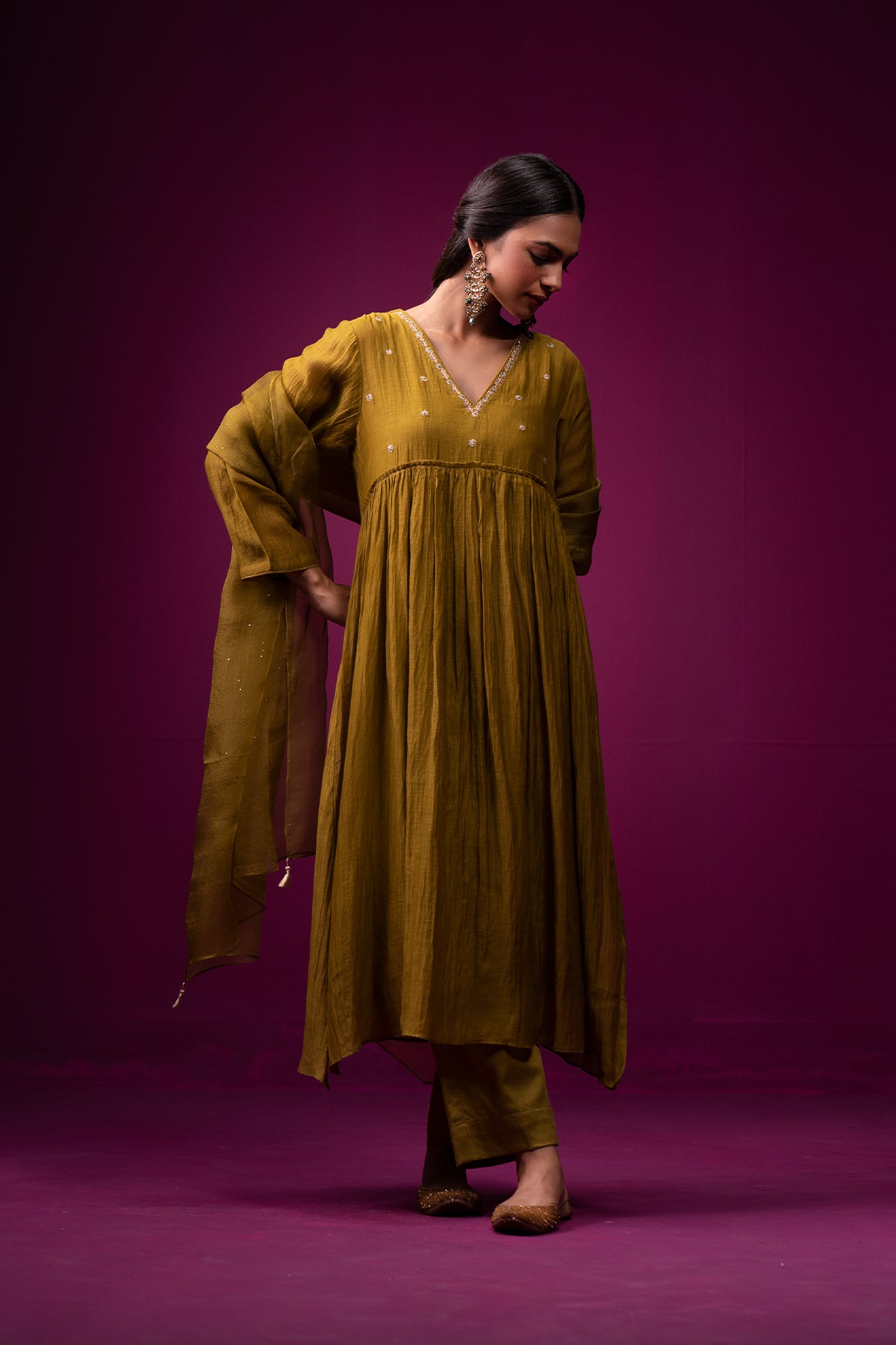 Olive Green Embroidered Front Gather Raas Kurta Set