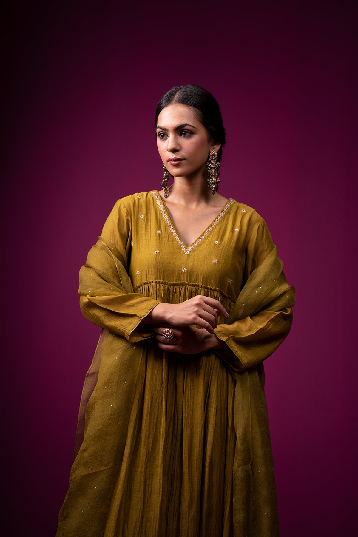 Olive Green Embroidered Front Gather Raas Kurta Set