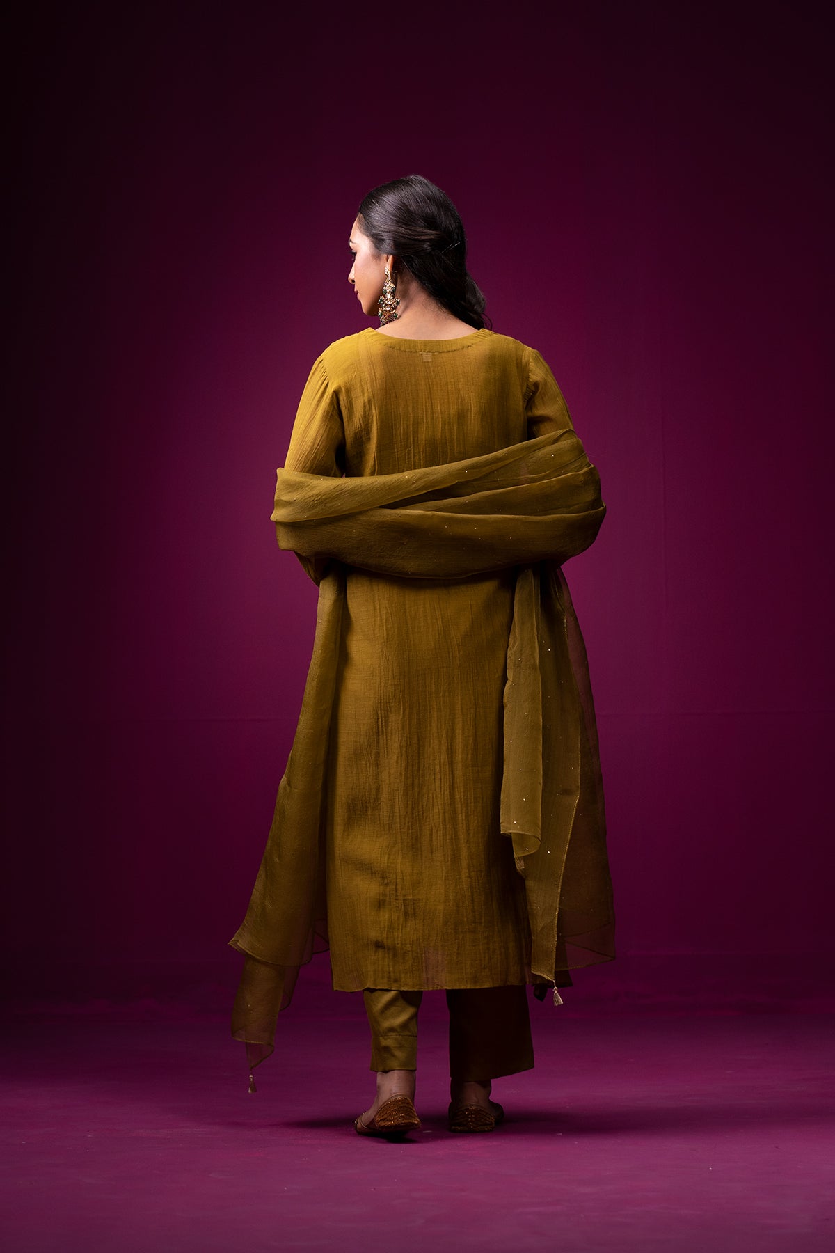 Olive Green Embroidered Front Gather Raas Kurta Set
