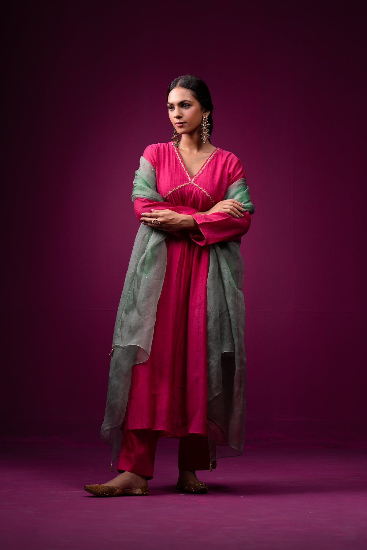 Pink Resham Zari Work Empire Line Raas Kurta Set
