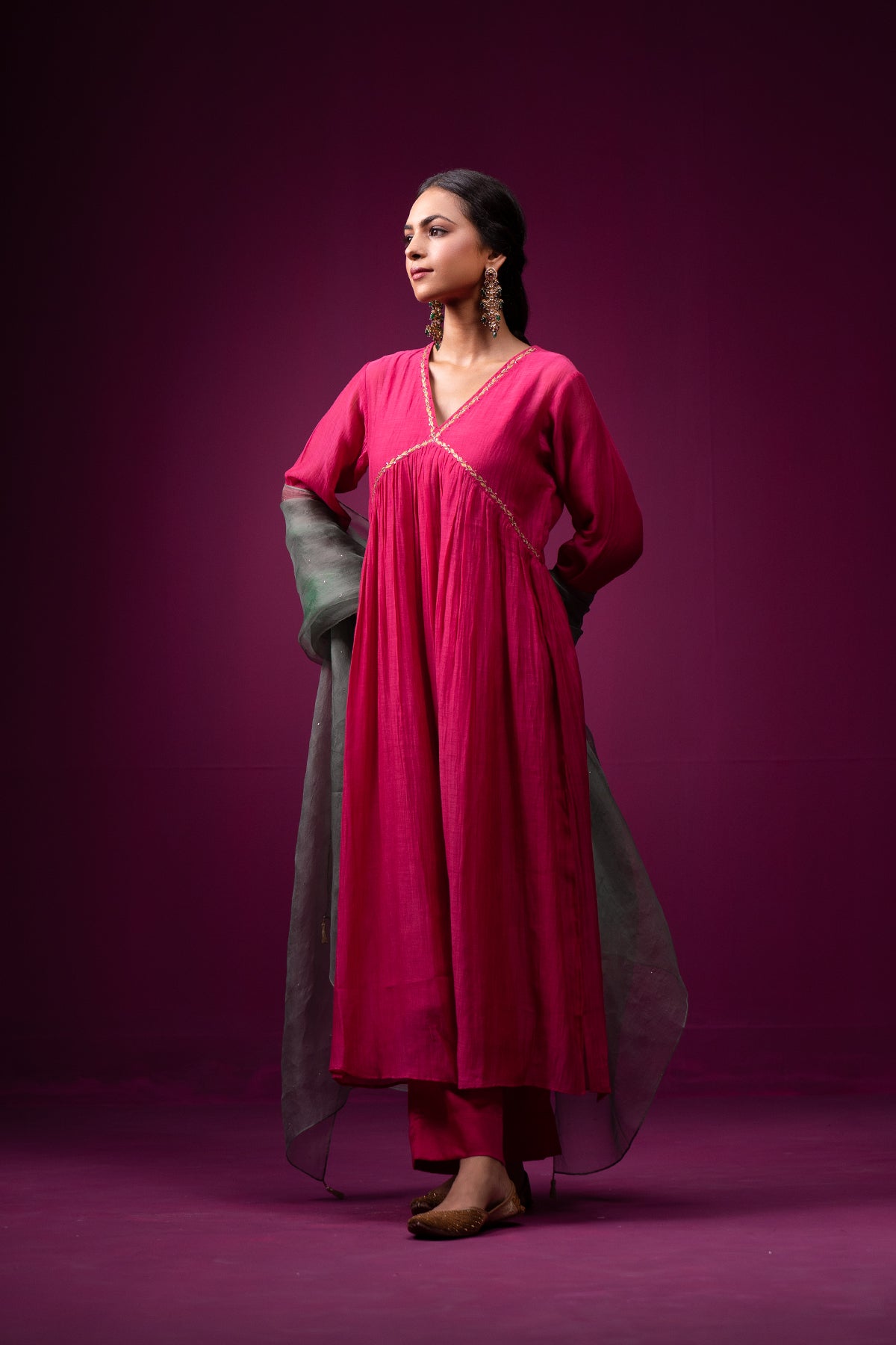 Pink Resham Zari Work Empire Line Raas Kurta Set