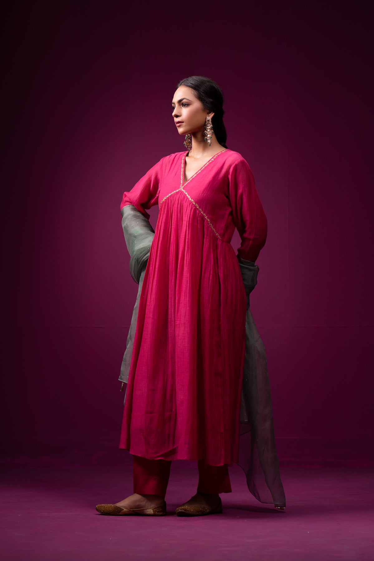 Pink Resham Zari Work Empire Line Raas Kurta Set