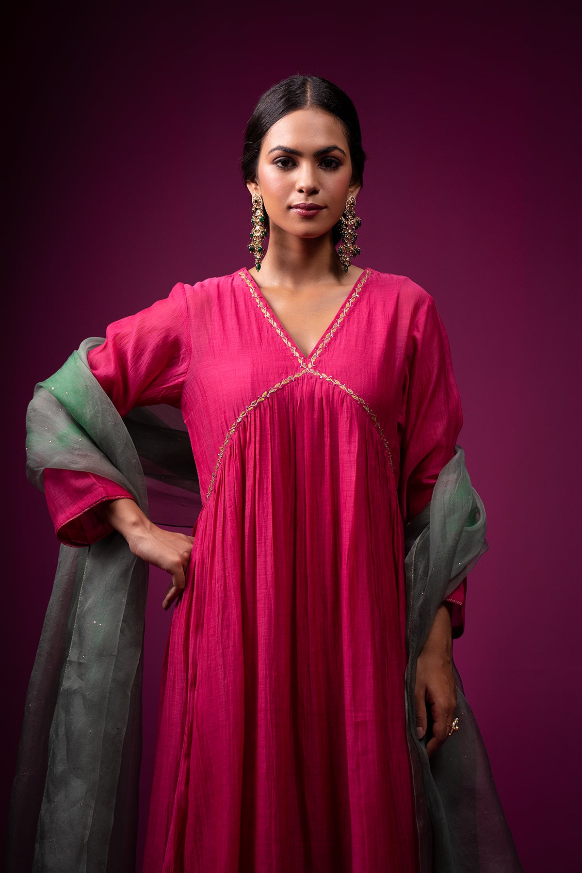 Pink Resham Zari Work Empire Line Raas Kurta Set