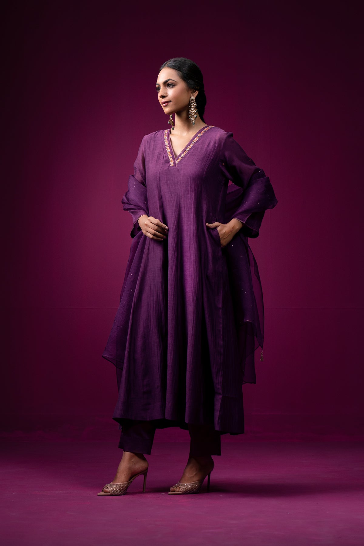 Deep Plum Embroidered V-Neck Raas Kurta Set