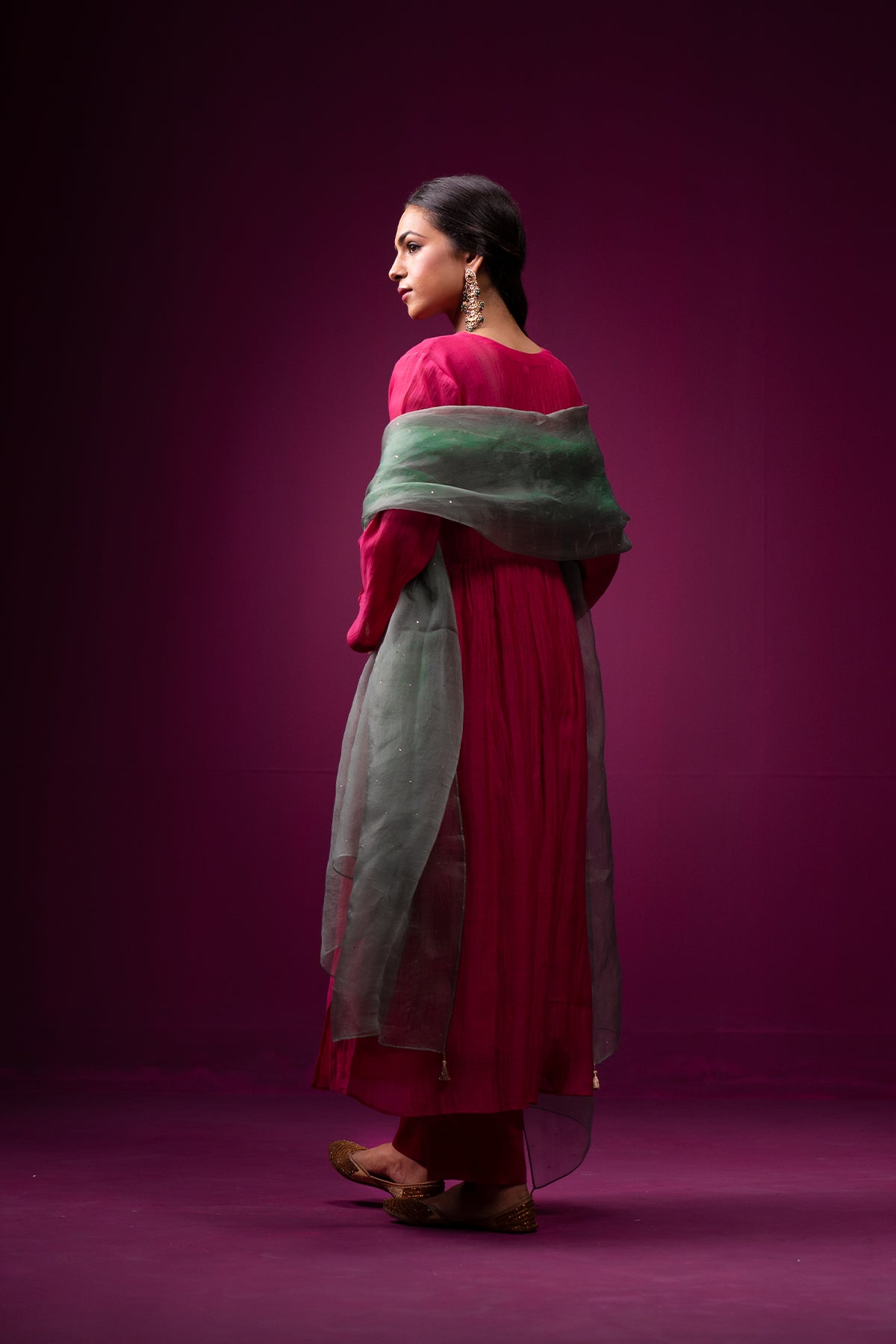 Pink Resham Zari Work Empire Line Raas Kurta Set