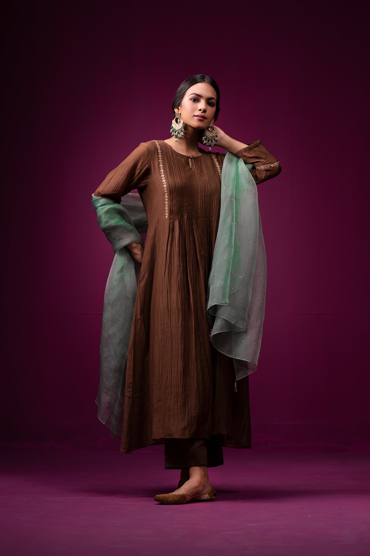 Brown Embrodeired Front Gather Raas Kurta Set