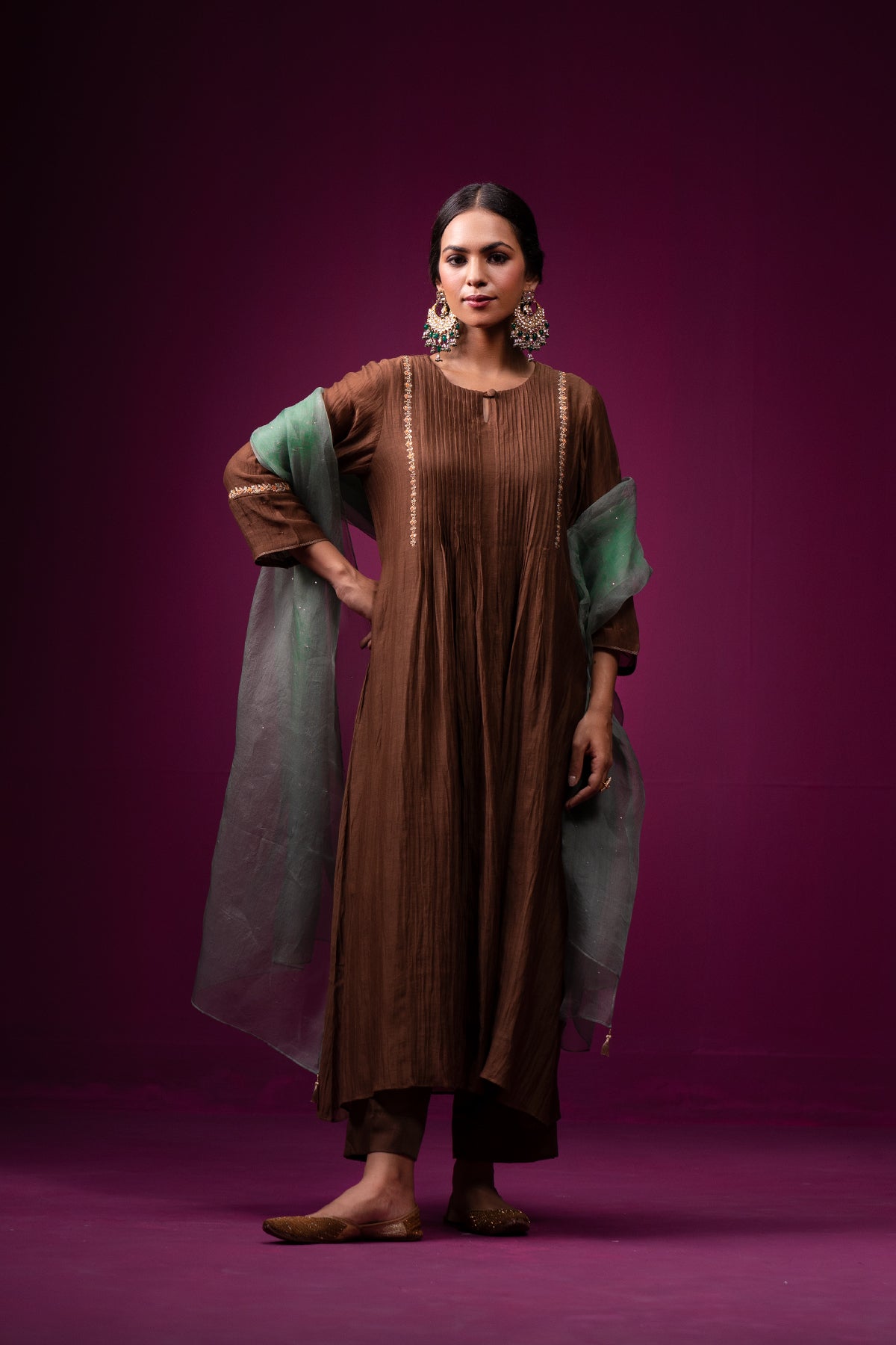 Brown Embrodeired Front Gather Raas Kurta Set