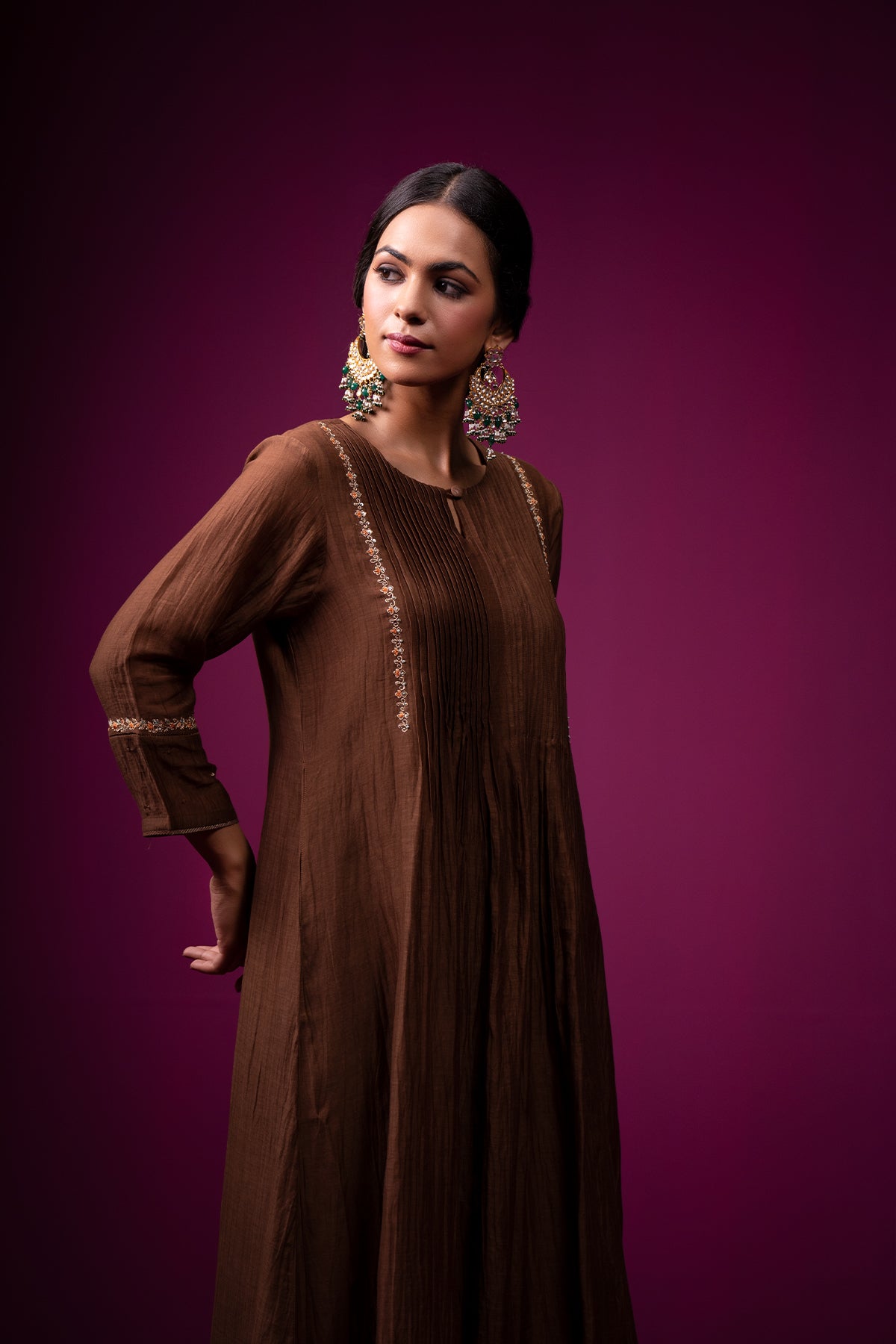 Brown Embrodeired Front Gather Raas Kurta Set