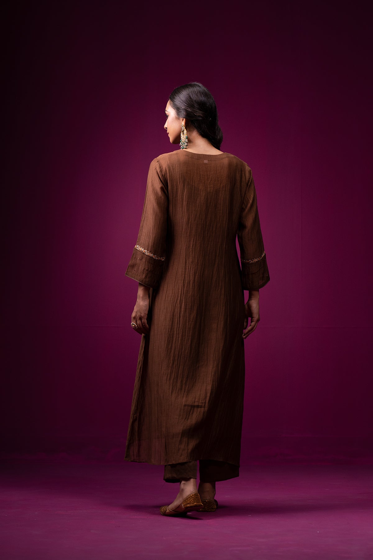 Brown Embrodeired Front Gather Raas Kurta Set