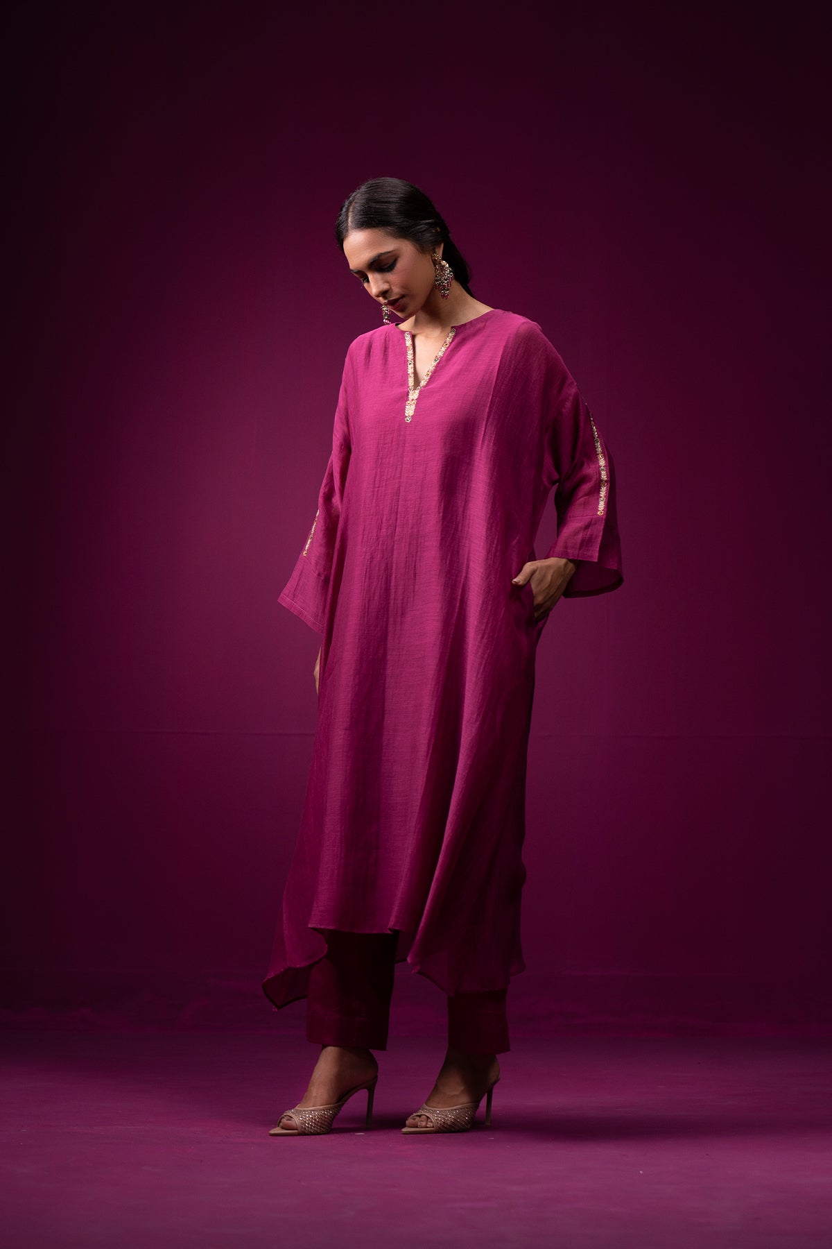 Wine Hand Embroidered Chanderi Raas Kaftan Set