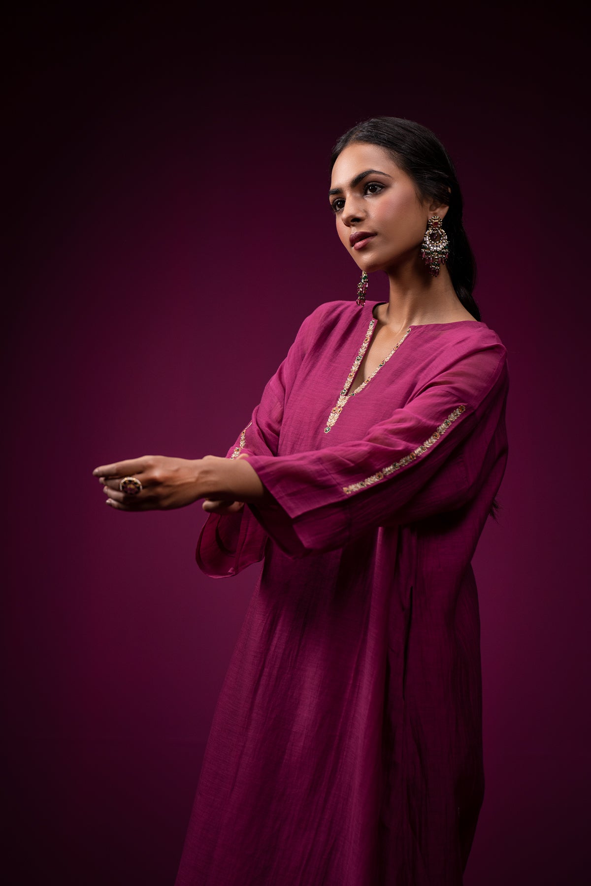 Wine Hand Embroidered Chanderi Raas Kaftan Set