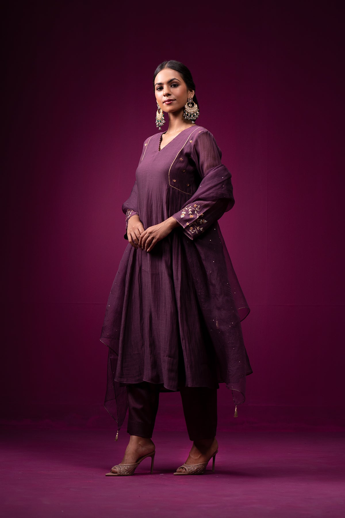 Deep Plum Embrodeired Sleeves Raas Kurta Set