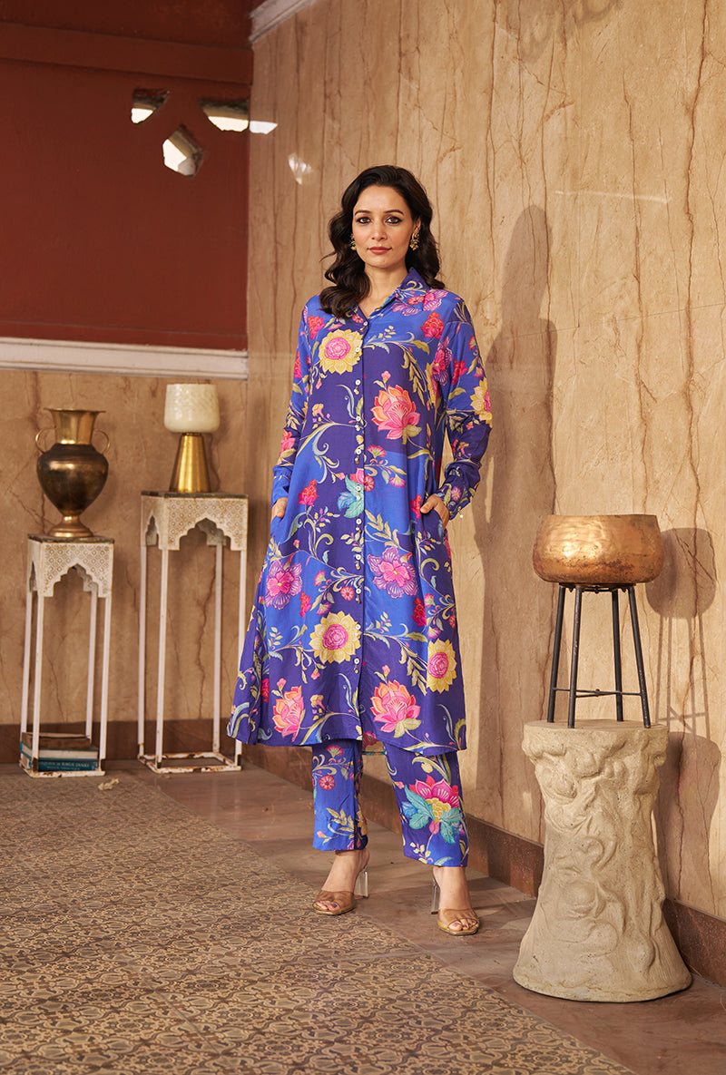Blue All Over Print Collar Style Roza Kurta Set
