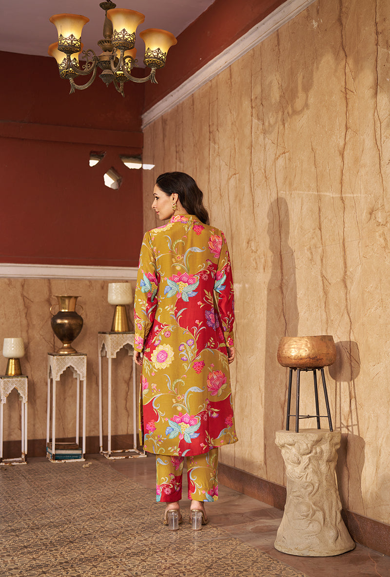 Olive All Over Print Collar Style Roza Kurta Set