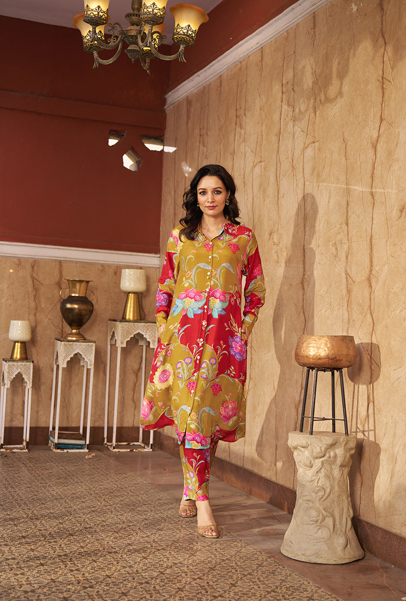 Olive All Over Print Collar Style Roza Kurta Set