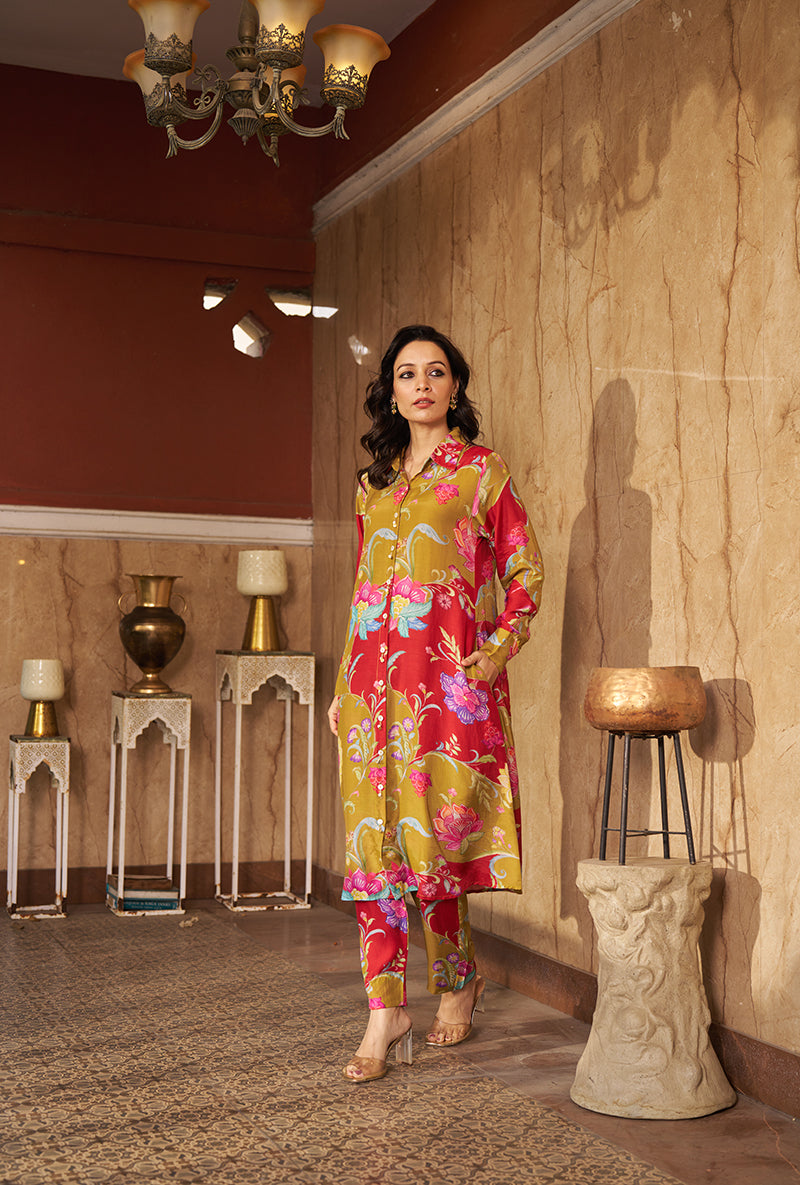 Olive All Over Print Collar Style Roza Kurta Set