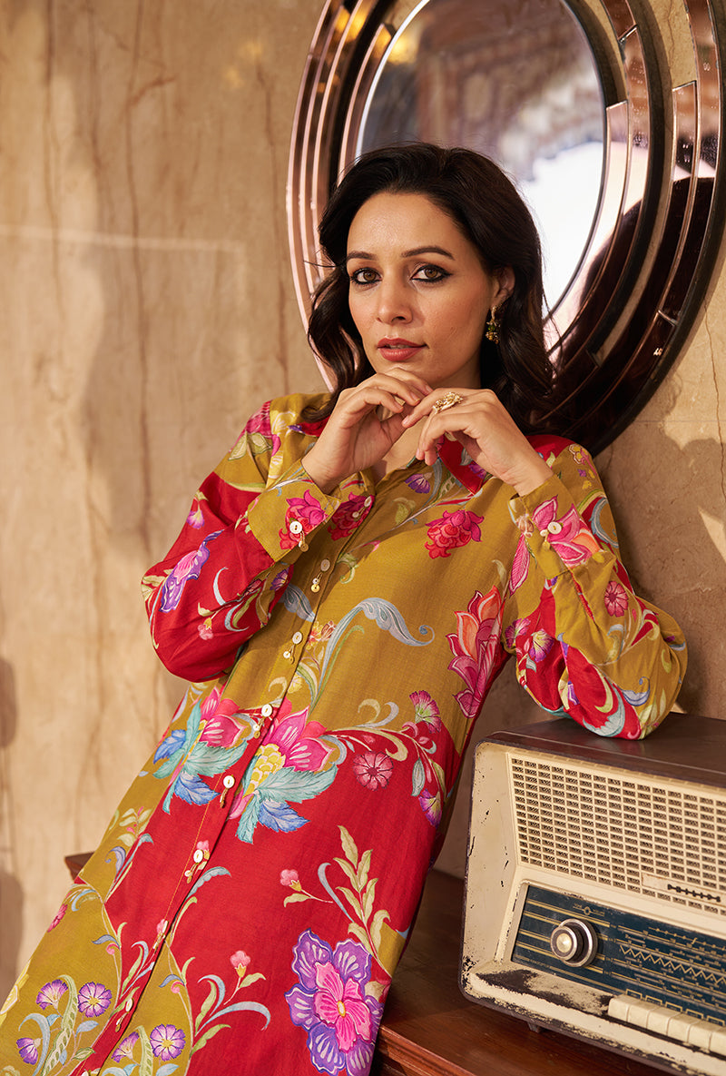 Olive All Over Print Collar Style Roza Kurta Set