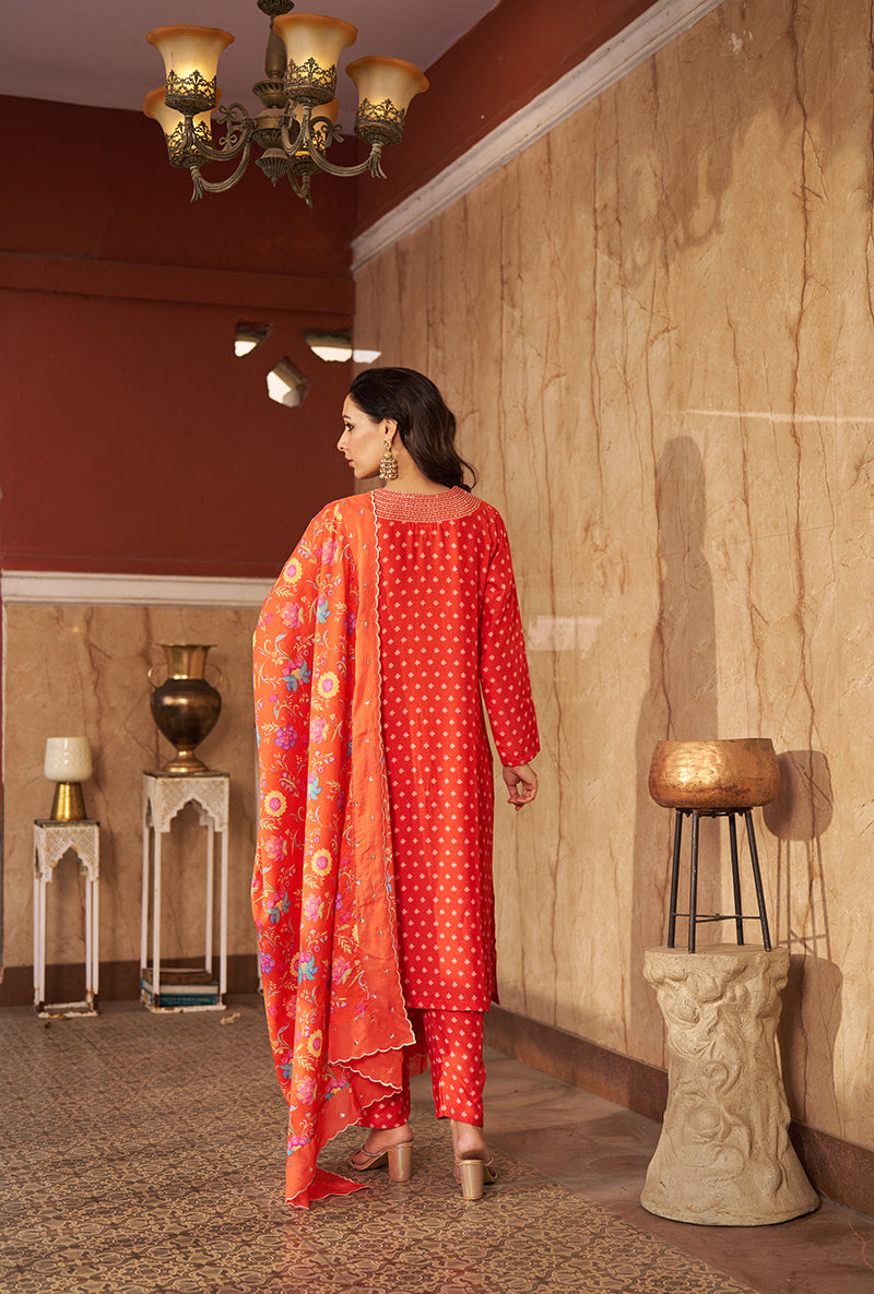 Burnt Orange Embroidred Neck Roza Kurta Set
