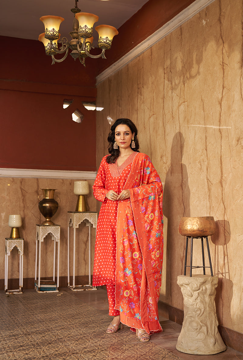 Burnt Orange Embroidred Neck Roza Kurta Set