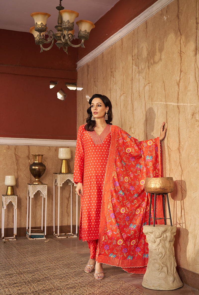Burnt Orange Embroidred Neck Roza Kurta Set