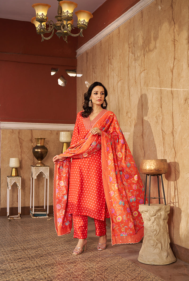 Burnt Orange Embroidred Neck Roza Kurta Set