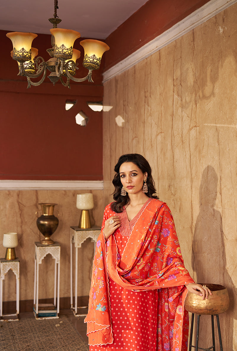 Burnt Orange Embroidred Neck Roza Kurta Set