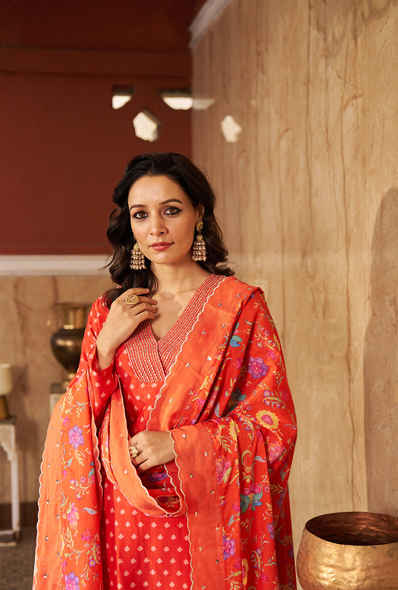Burnt Orange Embroidred Neck Roza Kurta Set