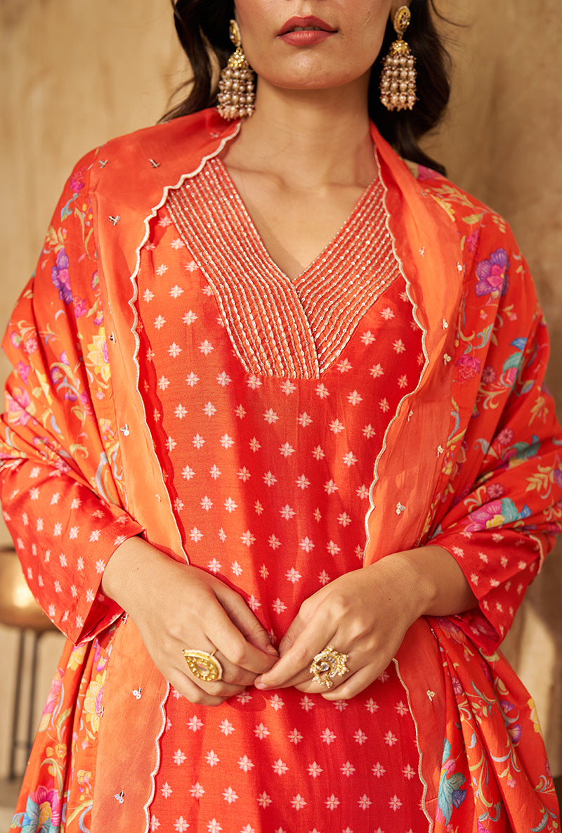 Burnt Orange Embroidred Neck Roza Kurta Set