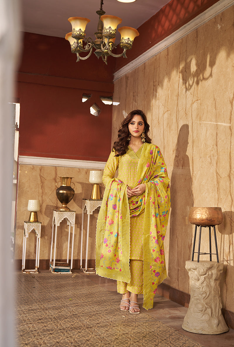 Lime Embroidred Neck Roza Kurta Set