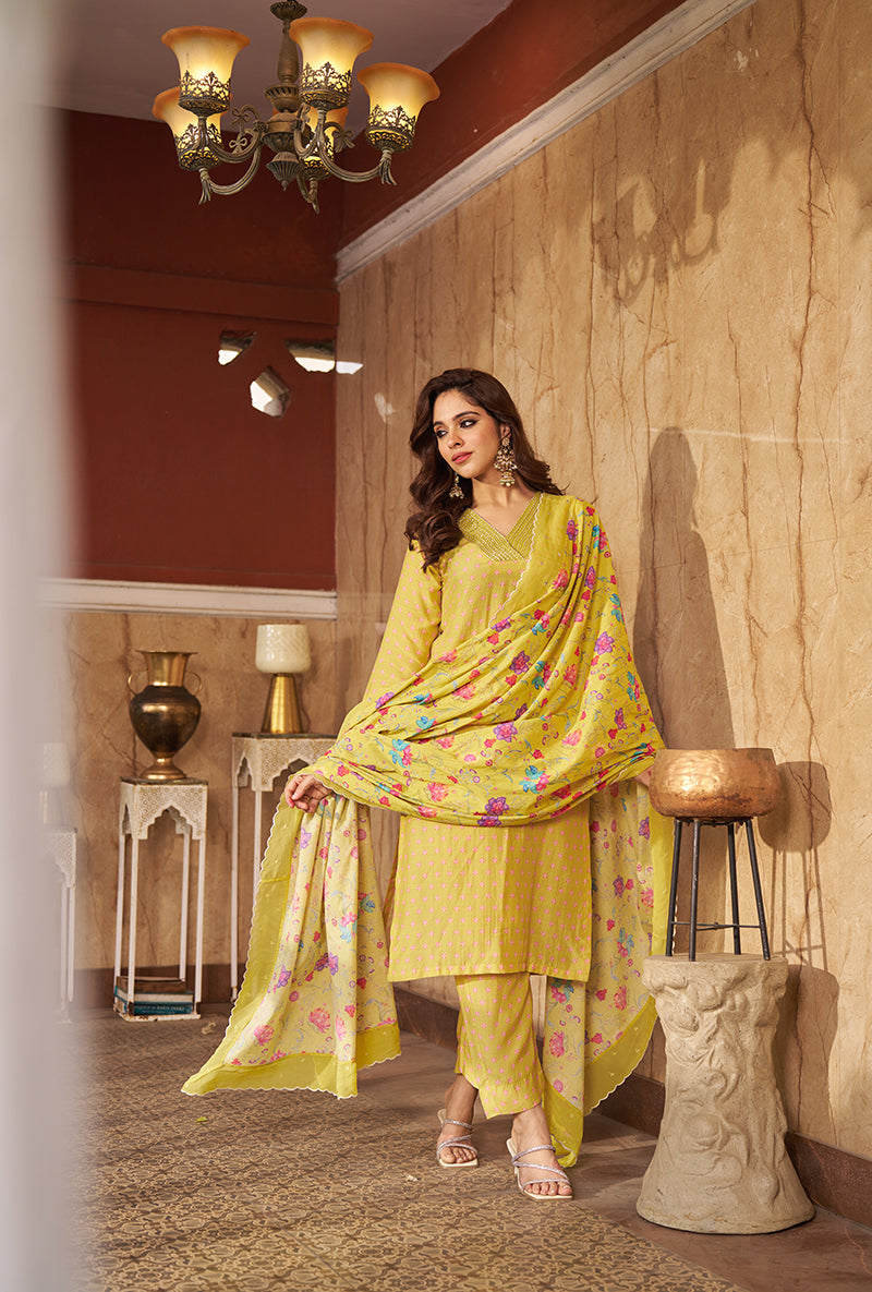 Lime Embroidred Neck Roza Kurta Set