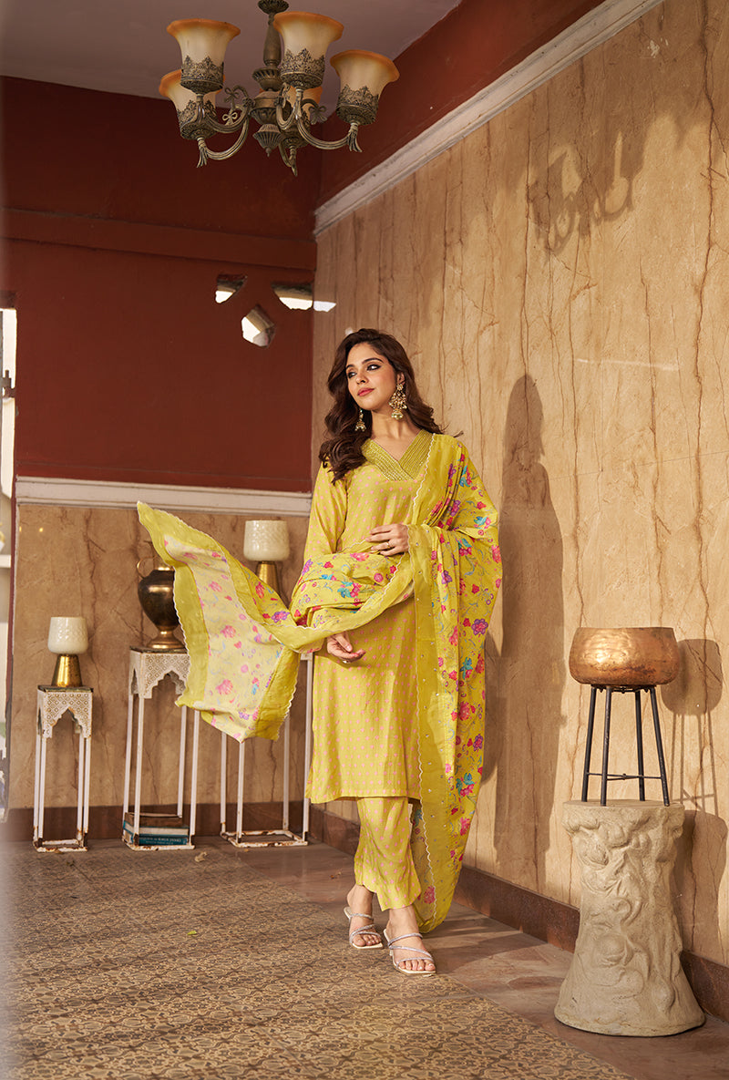 Lime Embroidred Neck Roza Kurta Set