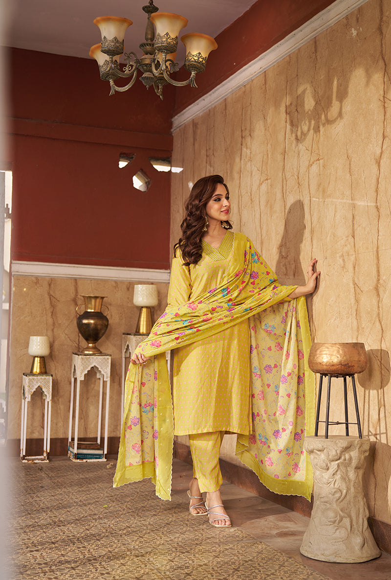 Lime Embroidred Neck Roza Kurta Set