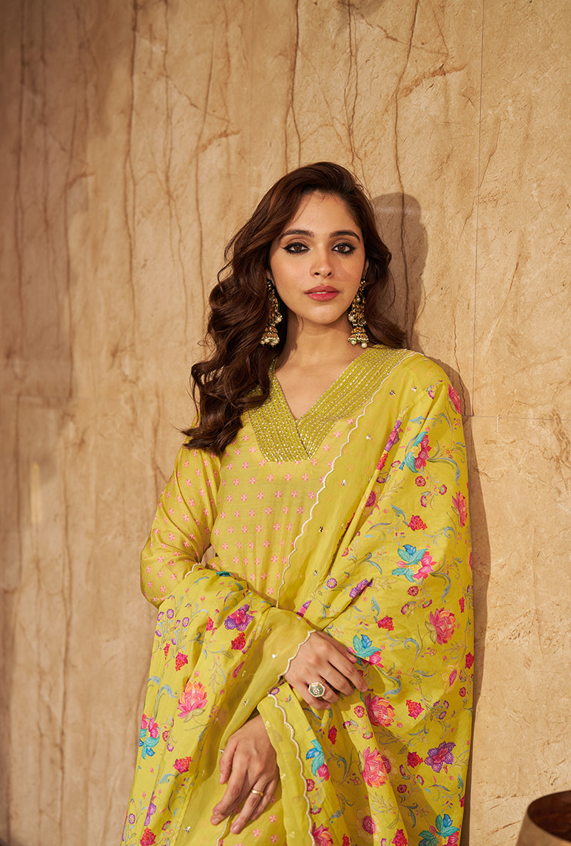 Lime Embroidred Neck Roza Kurta Set