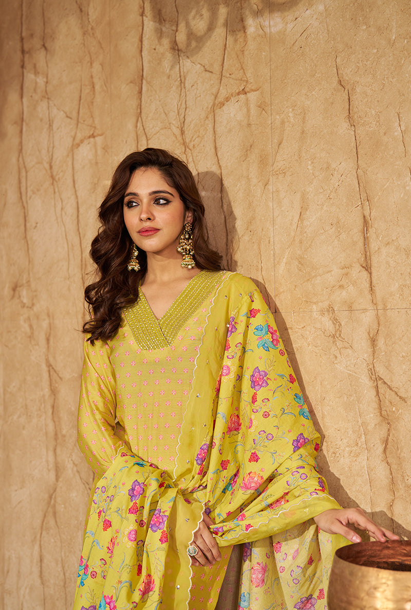 Lime Embroidred Neck Roza Kurta Set