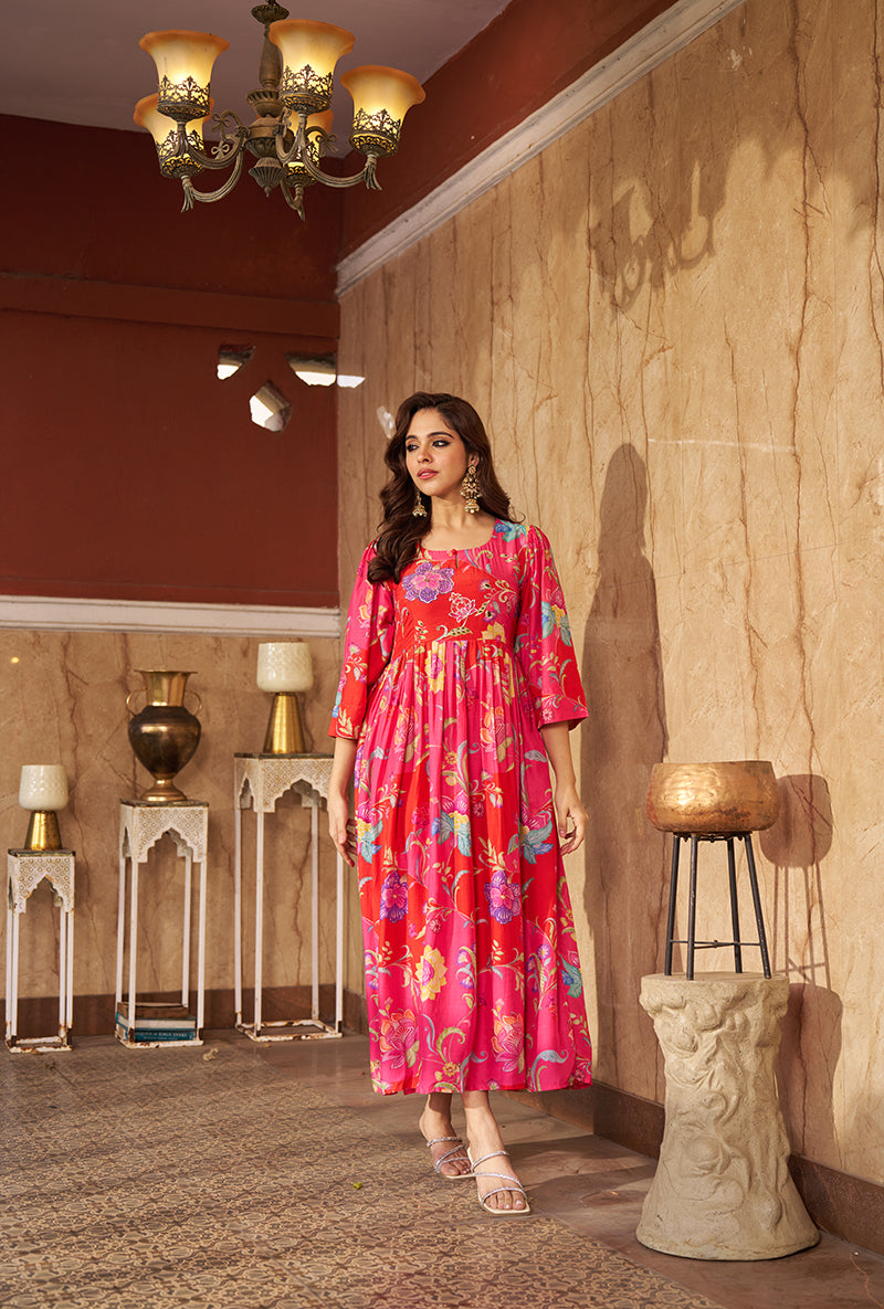 Pink Digital Print Gathered Roza Dress