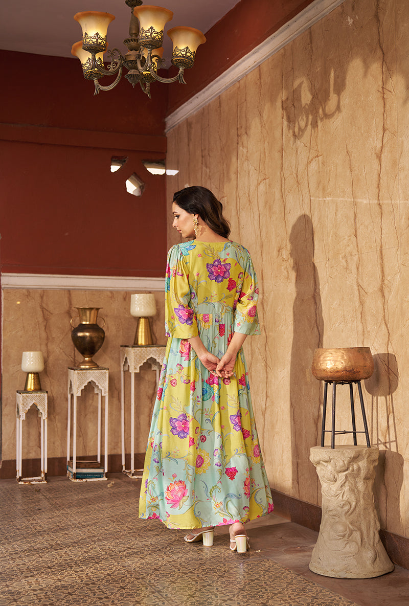 Aqua Digital Print Gathered Roza Dress