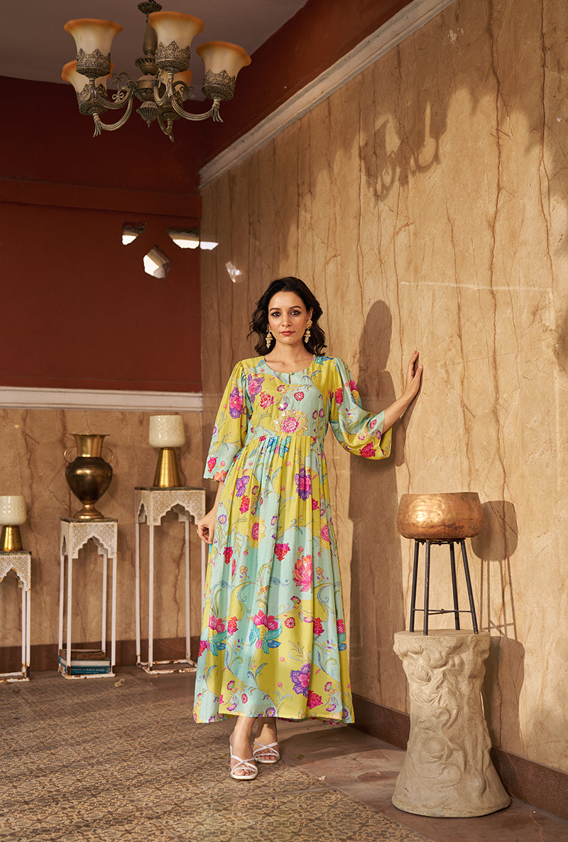 Aqua Digital Print Gathered Roza Dress