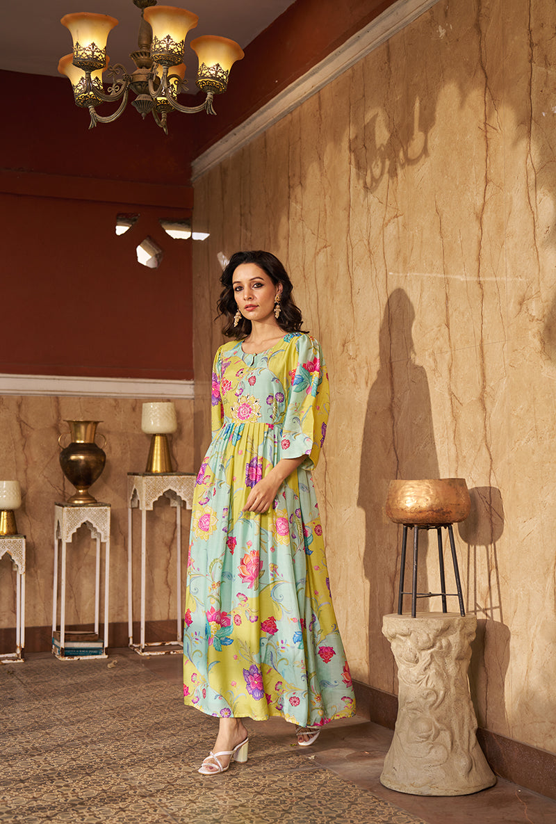 Aqua Digital Print Gathered Roza Dress