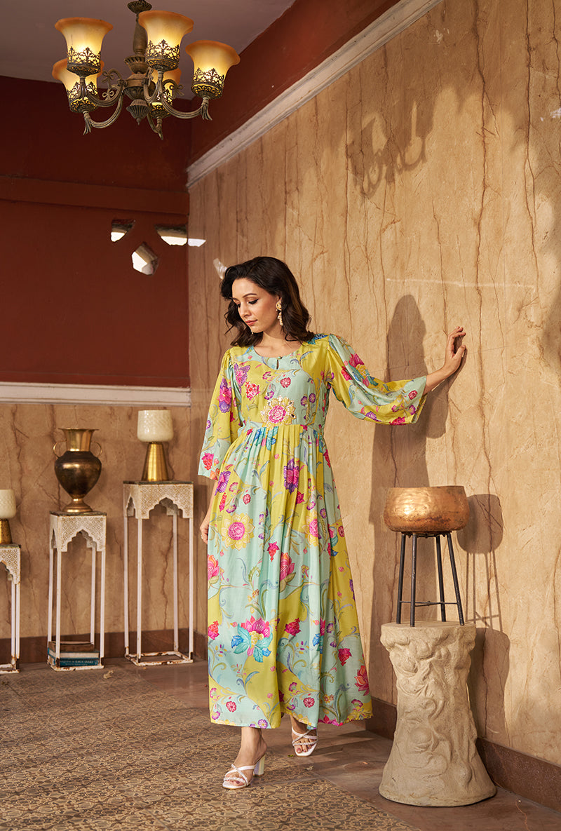 Aqua Digital Print Gathered Roza Dress