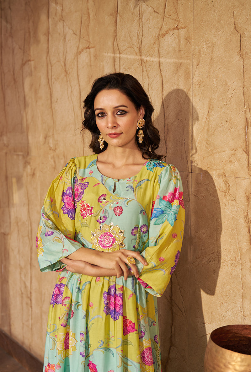 Aqua Digital Print Gathered Roza Dress