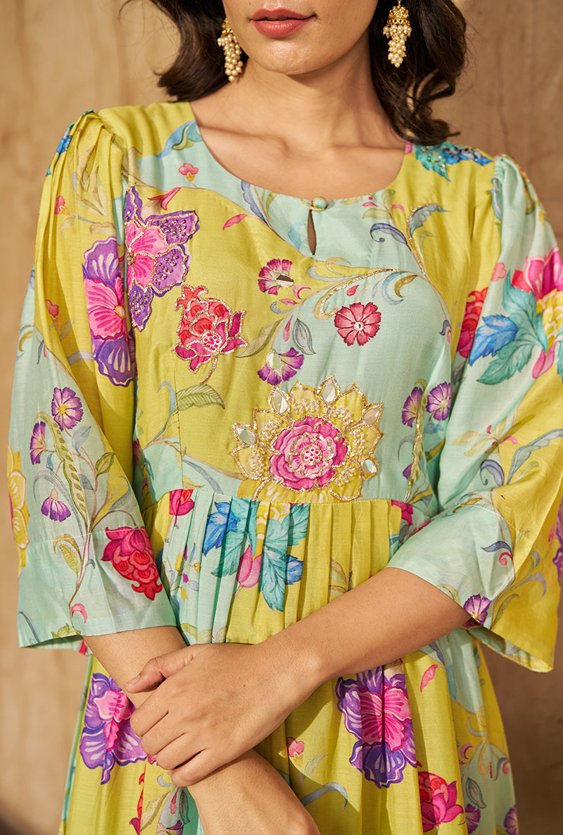 Aqua Digital Print Gathered Roza Dress