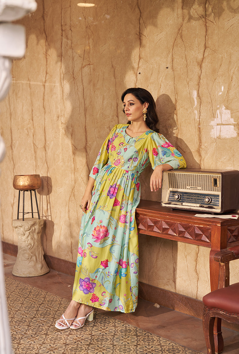 Aqua Digital Print Gathered Roza Dress