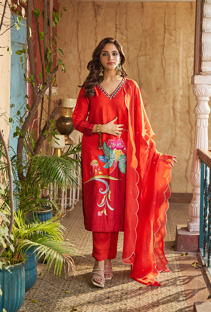 Burnt Orange Printed Nayaab Roza Kurta Set