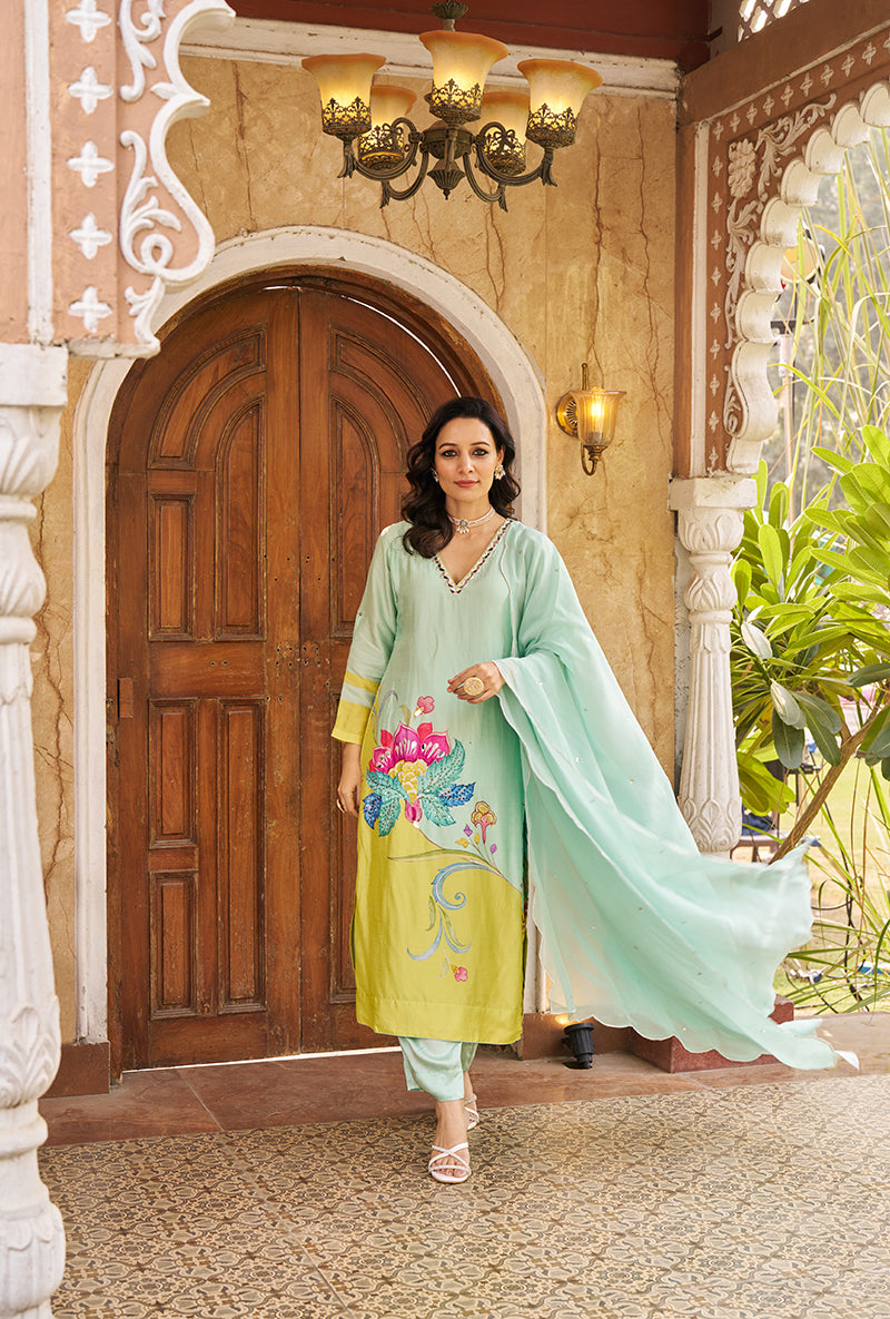 Aqua Printed Nayaab Roza Kurta Set