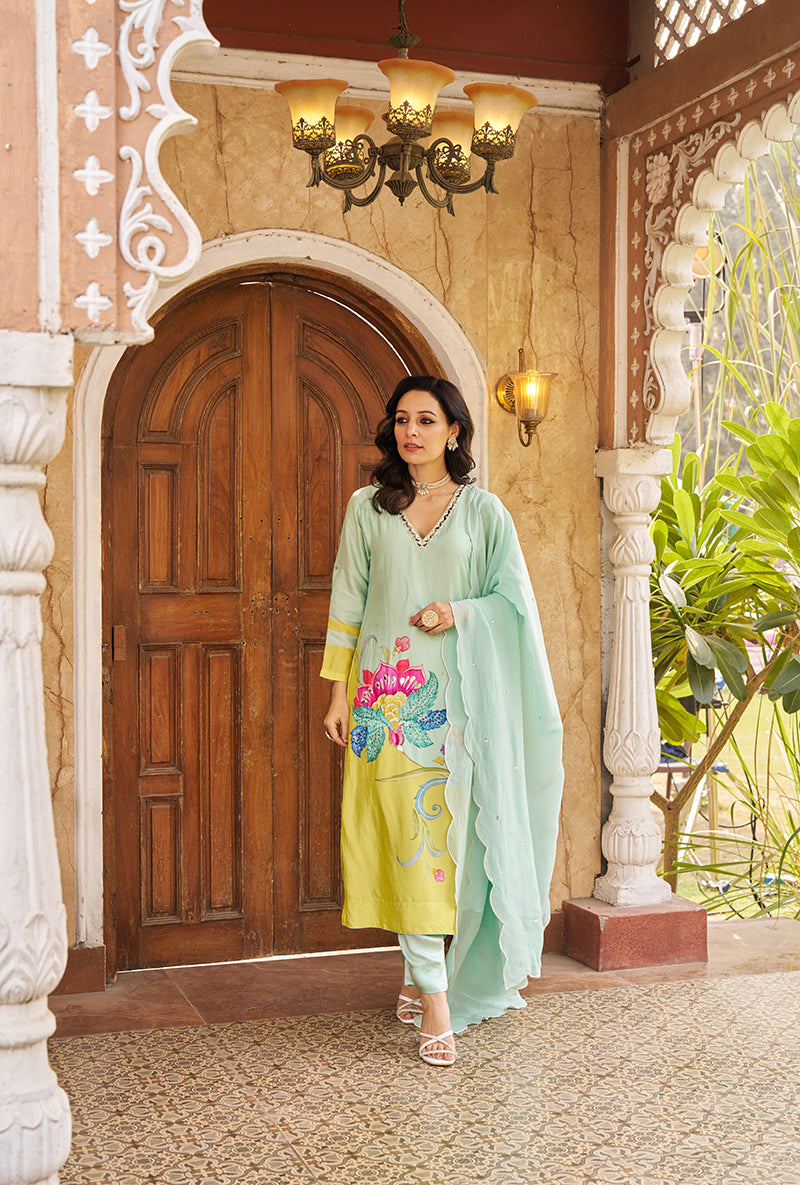 Aqua Printed Nayaab Roza Kurta Set