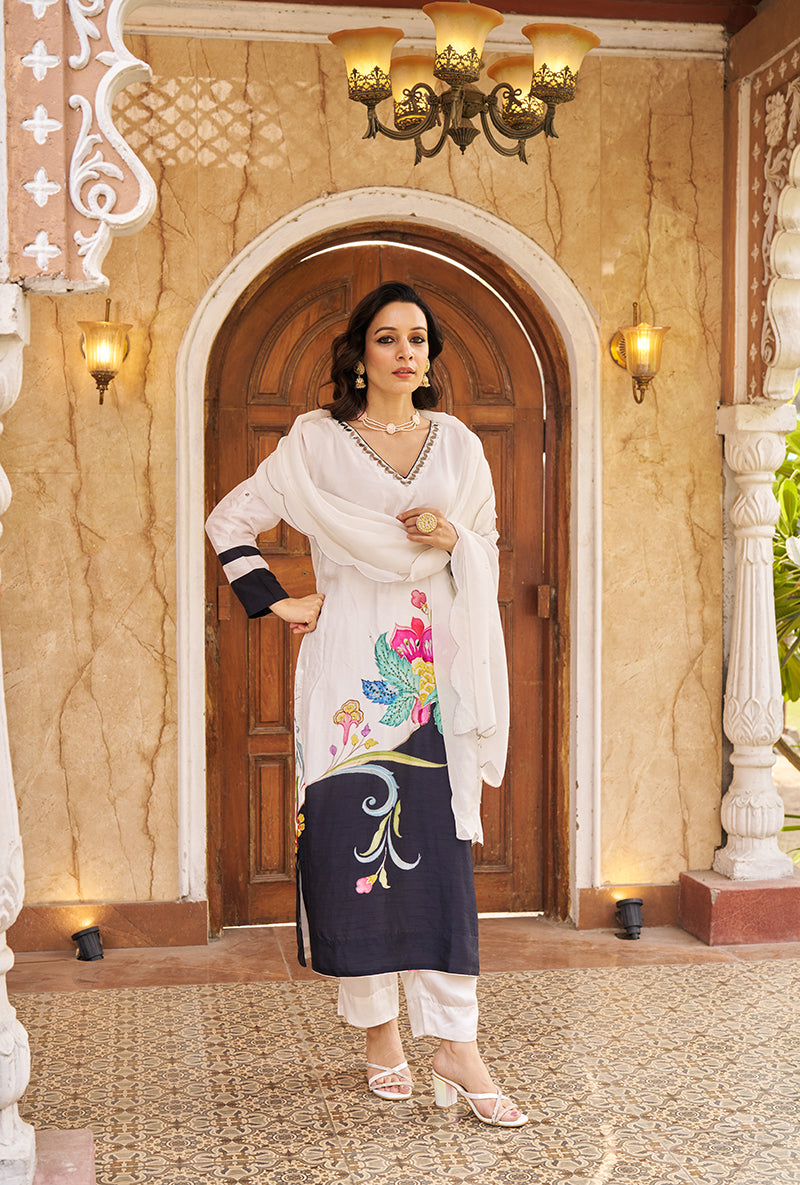 Black and White Printed Nayaab Roza Kurta Set
