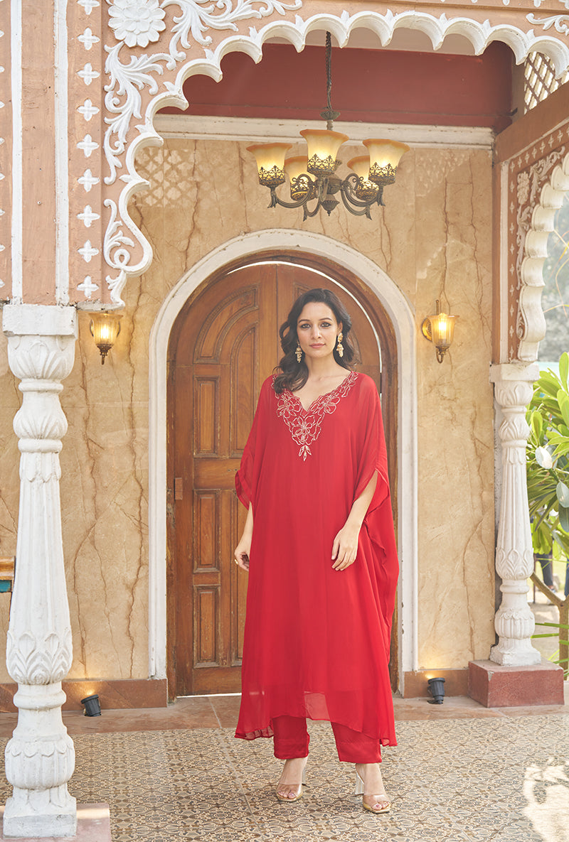 Red Zardozi Hand Work Roza Kaftaan Set