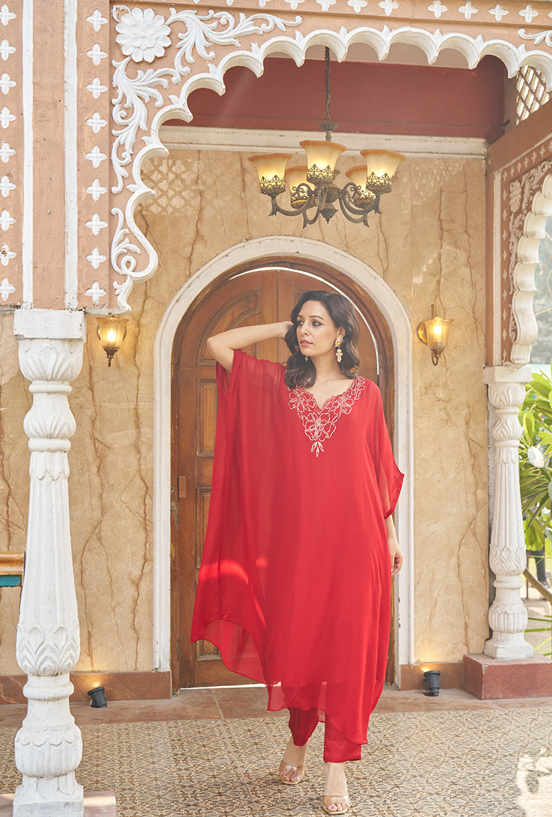 Red Zardozi Hand Work Roza Kaftaan Set