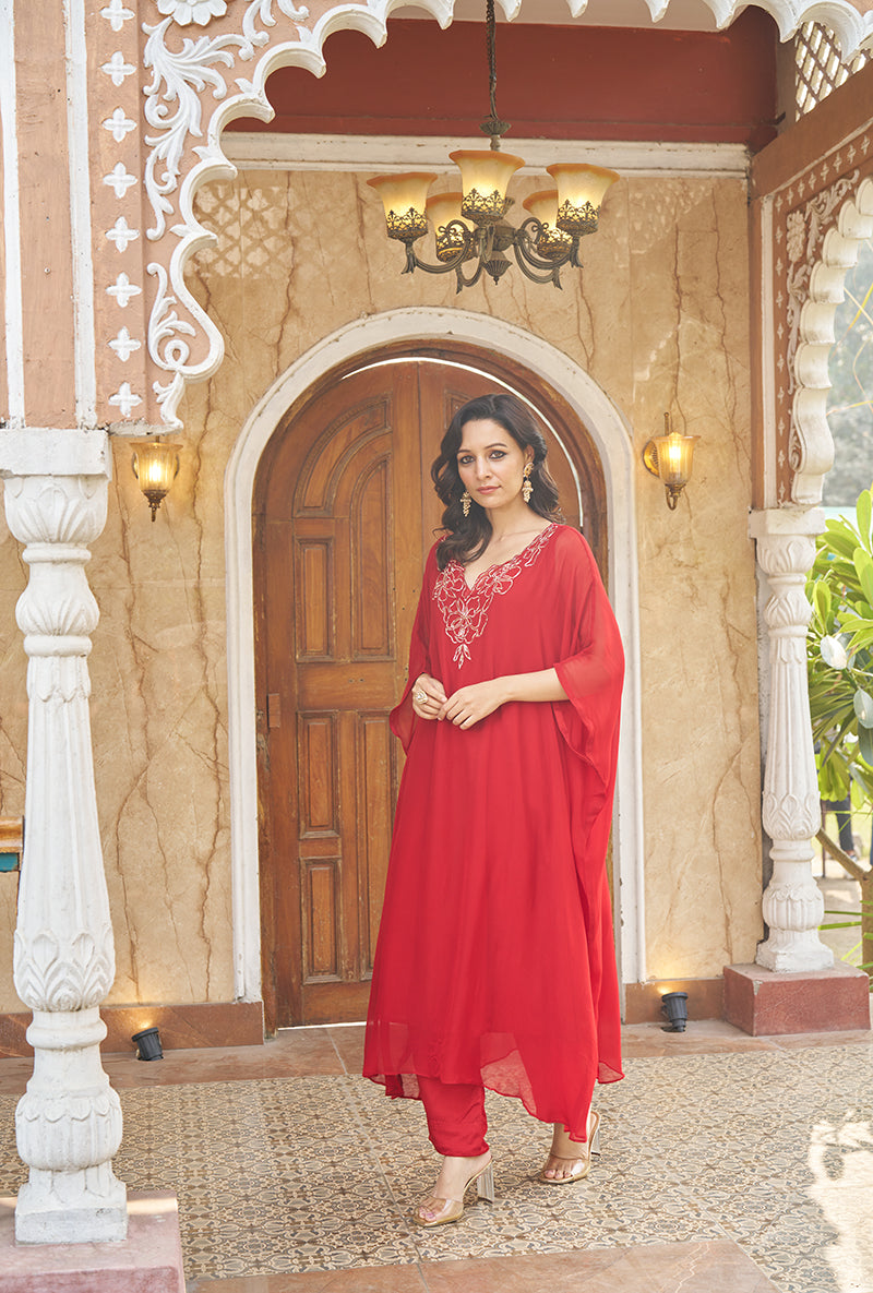 Red Zardozi Hand Work Roza Kaftaan Set