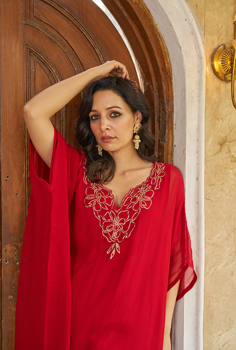 Red Zardozi Hand Work Roza Kaftaan Set